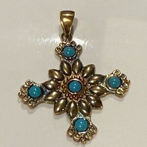 Vintage Italian 925 Gold Vermeil Turquoise Cross Pendant – Ornate Floral Design